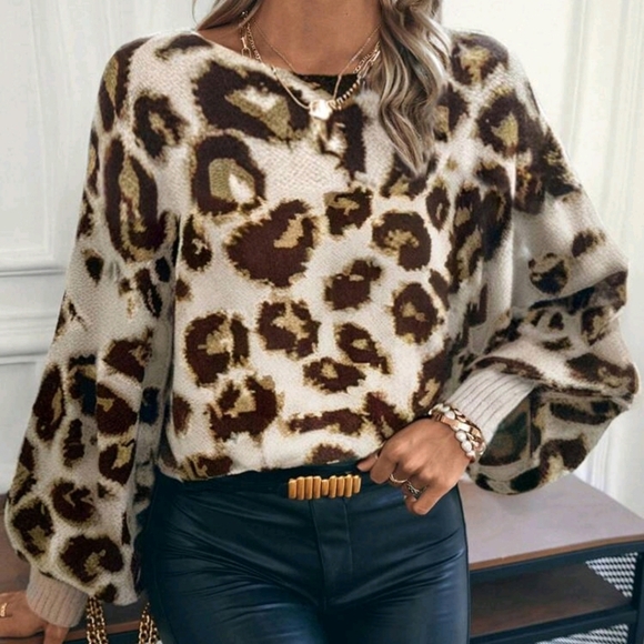 LeopardPrintSoft And Cozy Loose Knit Sweater,Casual Long Sleeve For Women,Winter - Picture 5 of 5